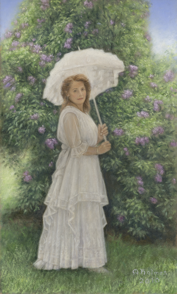 oil painting, figure, lilac garden, Melville Holmes